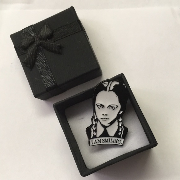 independent Jewelry - Wednesday Addams “I am smiling” enamel B&W pin NEW